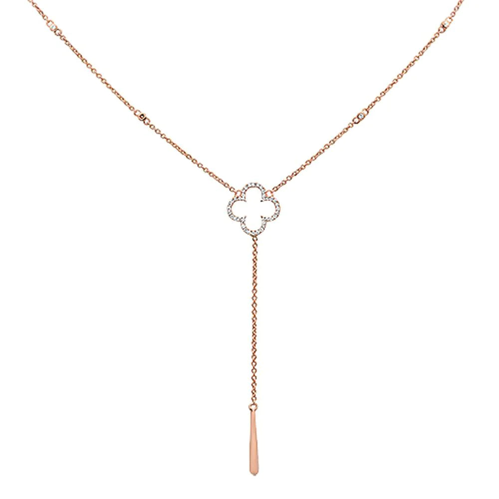 16cts 14k Rose Gold Diamond Clover Drop Lariat Pendant Necklace