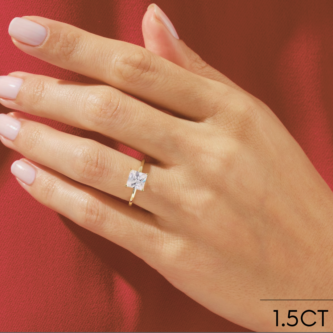 Princess Solitaire with Hidden Halo engagement ring, lab-created moissanite or lab-grown diamond center in solid 14K gold or platinum, view 4 of 8