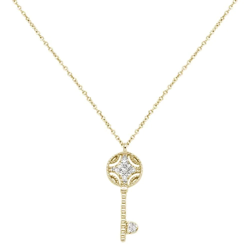 .08cts 14K Yellow Gold Round Diamond Key Pendant Necklace