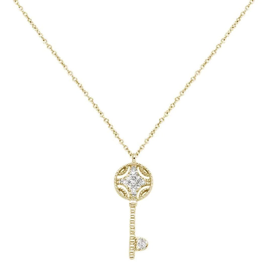 .08cts 14K Yellow Gold Round Diamond Key Pendant Necklace