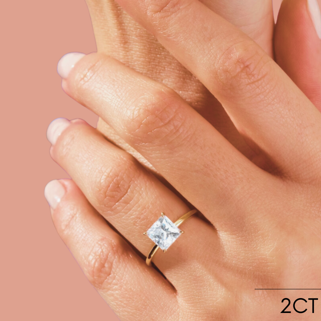 Sleek Princess Solitaire engagement ring, lab-created moissanite or lab-grown diamond center in solid 14K gold or platinum, view 3 of 10