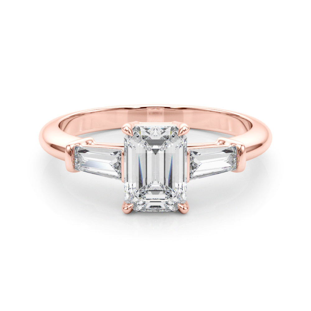 Emerald with Baguette Accent Ring, lab-created moissanite or lab-grown diamond center in solid 14K gold or platinum, view 8 of 11