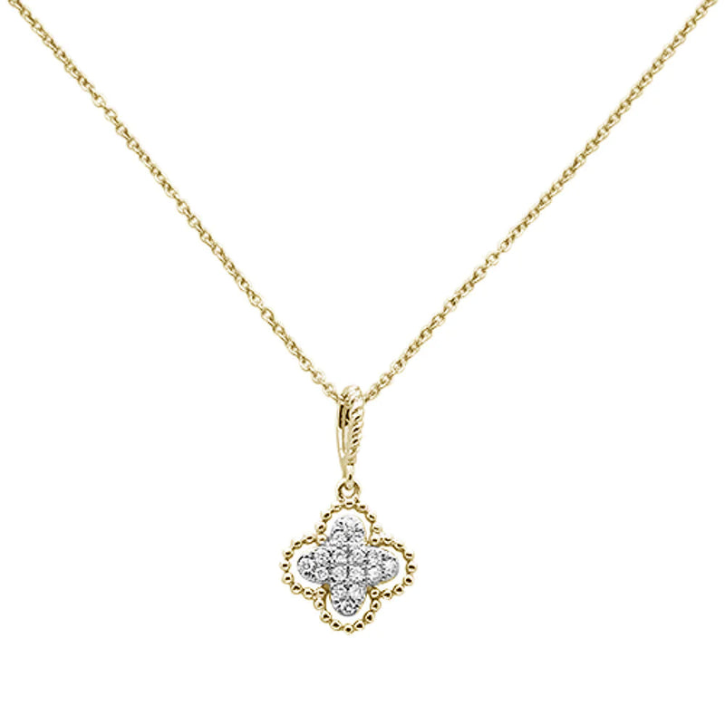 .09ct 14K Yellow Gold Antique Flower and Clover Diamond Pendant Necklace
