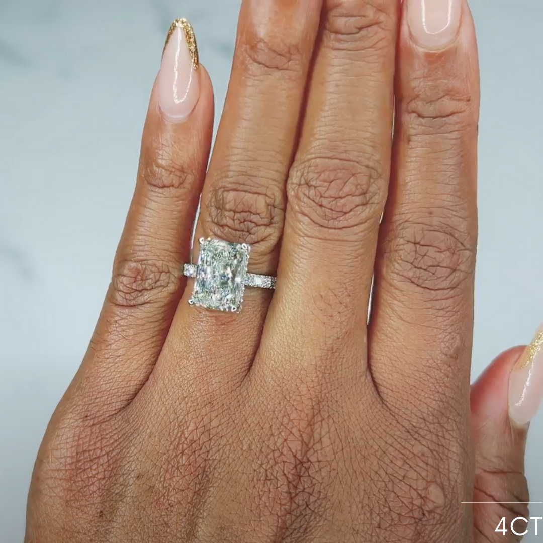 Radiant Hidden Halo engagement ring, lab-created moissanite or lab-grown diamond in solid 14K gold, view 4 of 7