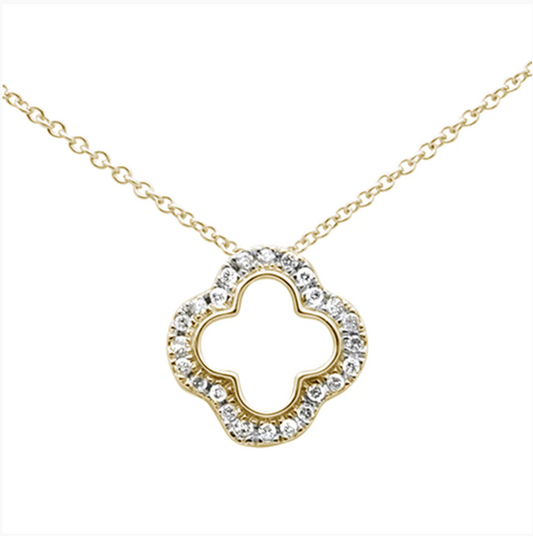 .11ct 14K Yellow Gold Diamond Four Leaf Clover Pendant Necklace