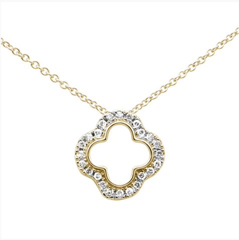 .11ct 14K Yellow Gold Diamond Four Leaf Clover Pendant Necklace