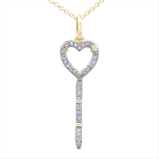 .09ct 14K Yellow Gold Diamond Heart Key Pendant Necklace