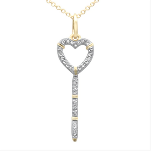 .09ct 14K Yellow Gold Diamond Heart Key Pendant Necklace