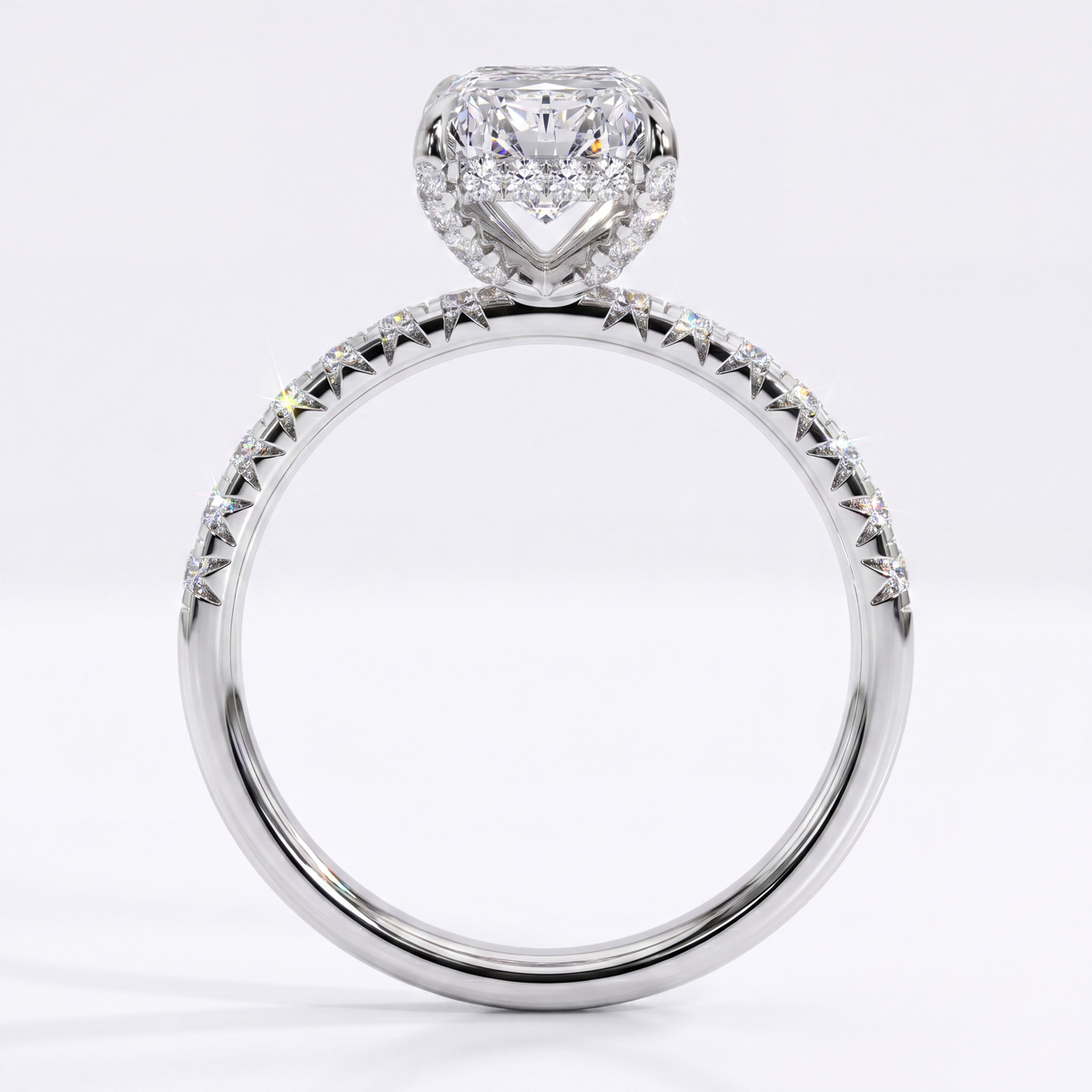 Radiant Hidden Halo engagement ring, lab-created moissanite or lab-grown diamond in solid 14K gold, view 2 of 7