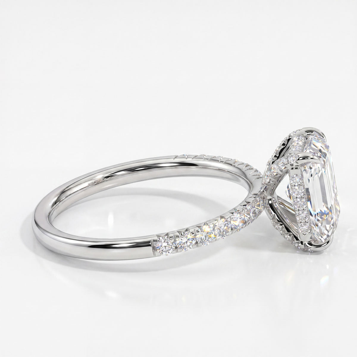 Radiant Hidden Halo engagement ring, lab-created moissanite or lab-grown diamond in solid 14K gold, view 3 of 7