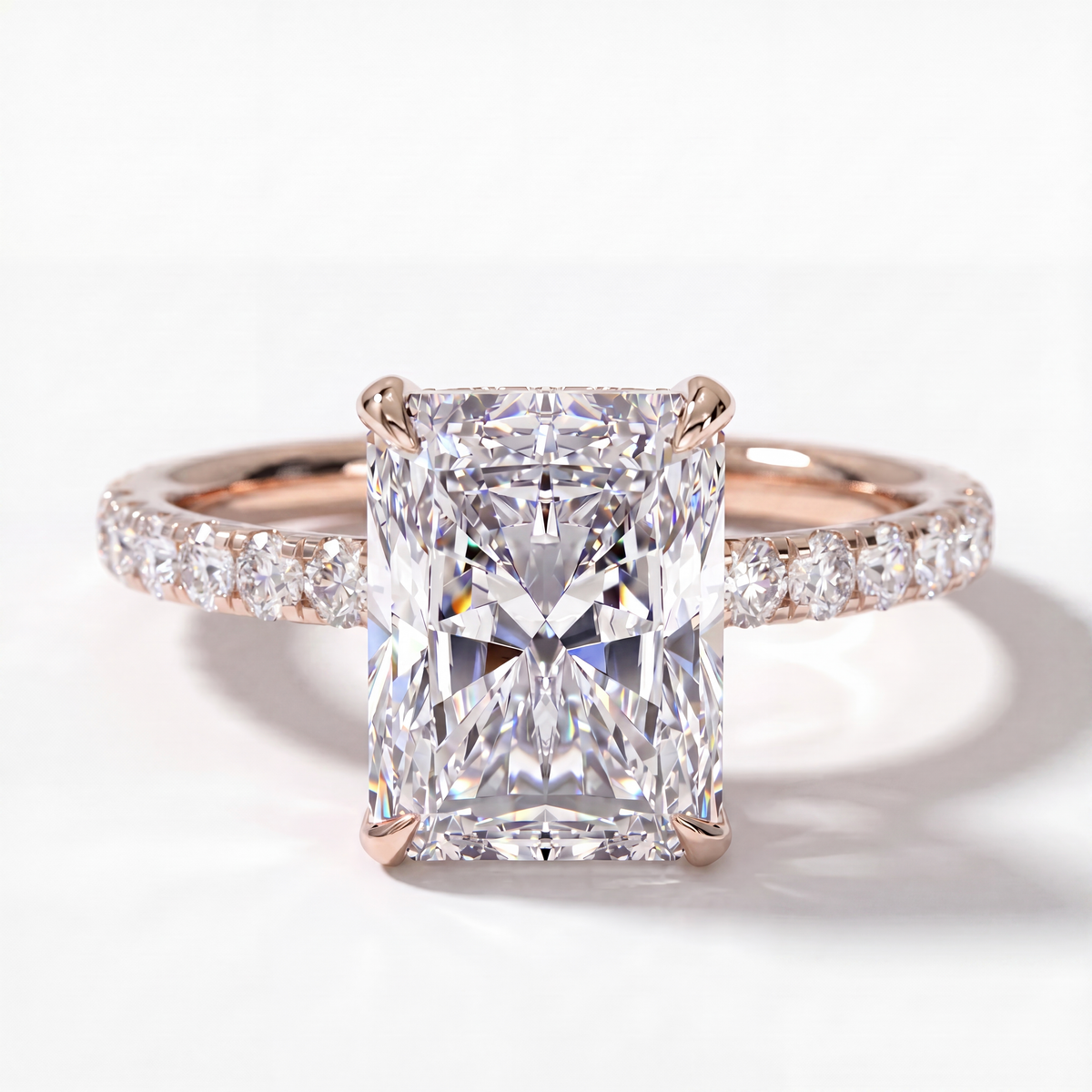 Radiant Hidden Halo engagement ring, lab-created moissanite or lab-grown diamond in solid 14K gold, view 7 of 7