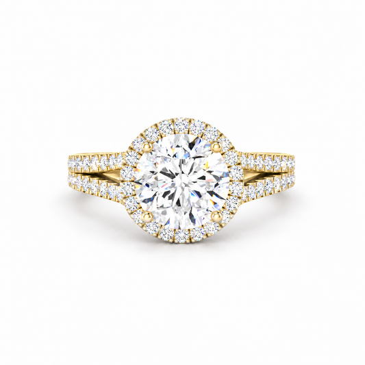 Round Halo Split Shank engagement ring in 14K yellow gold