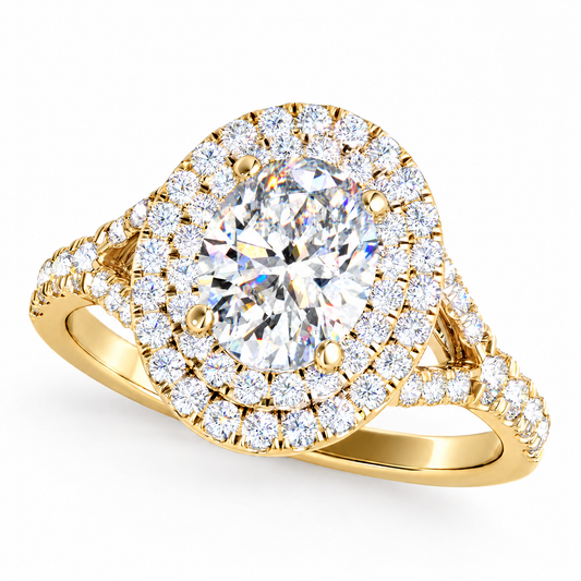 Oval Double Halo with Split Shank engagement ring in 14K yellow gold