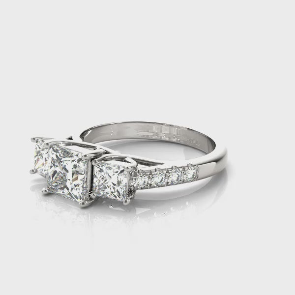 Princess 3 Stone Trellis Pave Ring