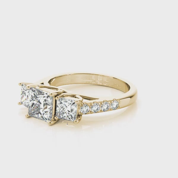 Princess 3 Stone Trellis Pave Ring